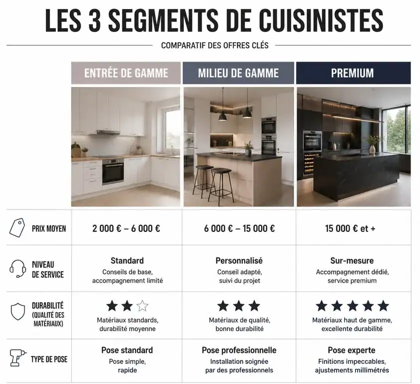 Comparatif des gammes de cuisinistes : entrée de gamme, milieu de gamme et premium pour choisir son cuisiniste