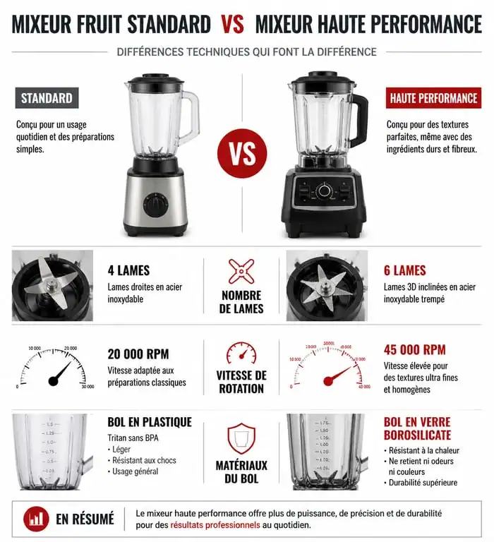 Infographie comparative des caractéristiques techniques d'un mixeur fruit standard versus haute performance