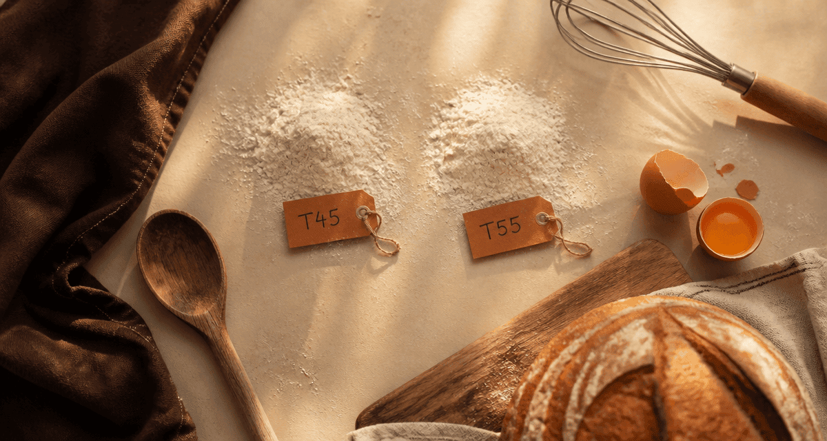 farine t45 ou t55 étiquetées sur une table