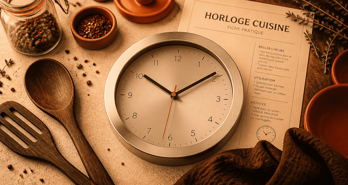 horloge cuisine inox sur plan de travail crème avec ustensiles