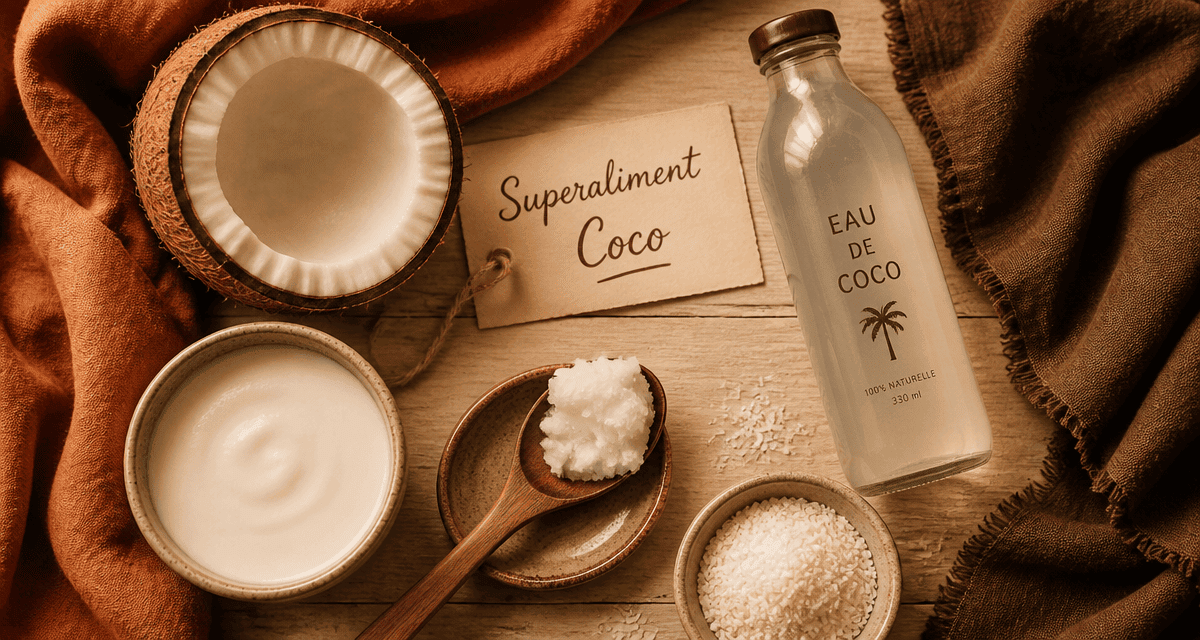 les bienfaits de la noix coco, aliments et produits sur table