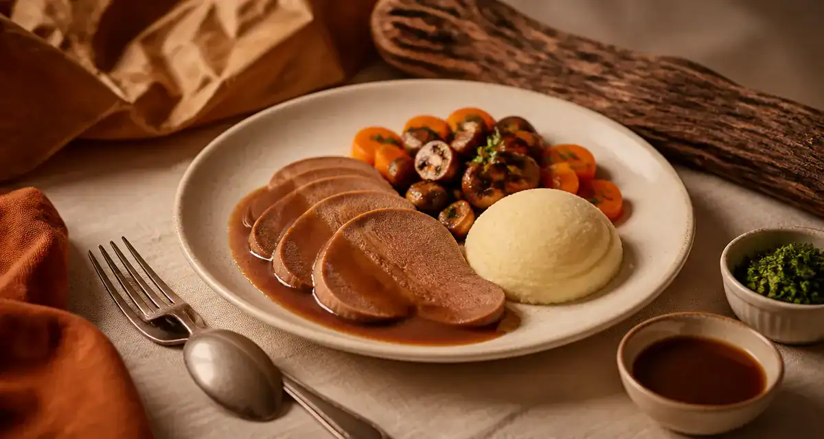 Accompagnement pour langue de boeuf : tranches en sauce Madère et garniture