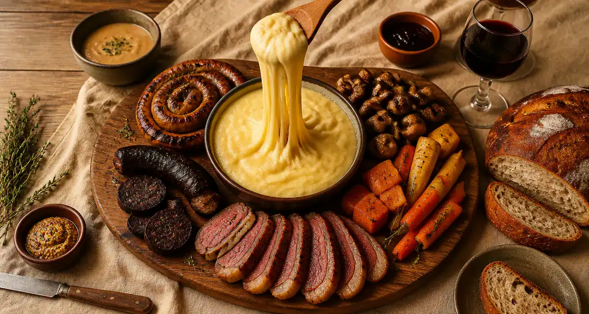 Aligot accompagnement avec viandes et légumes