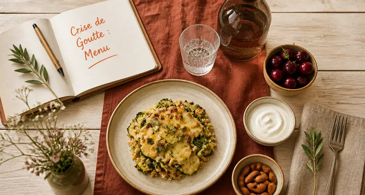 alimentation pour crise de goutte, menu sain sur table en bois