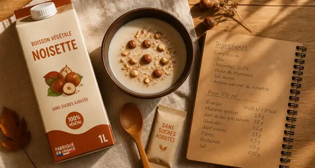 Bienfait du lait de noisette : bouteille avec noisettes et ingrédients