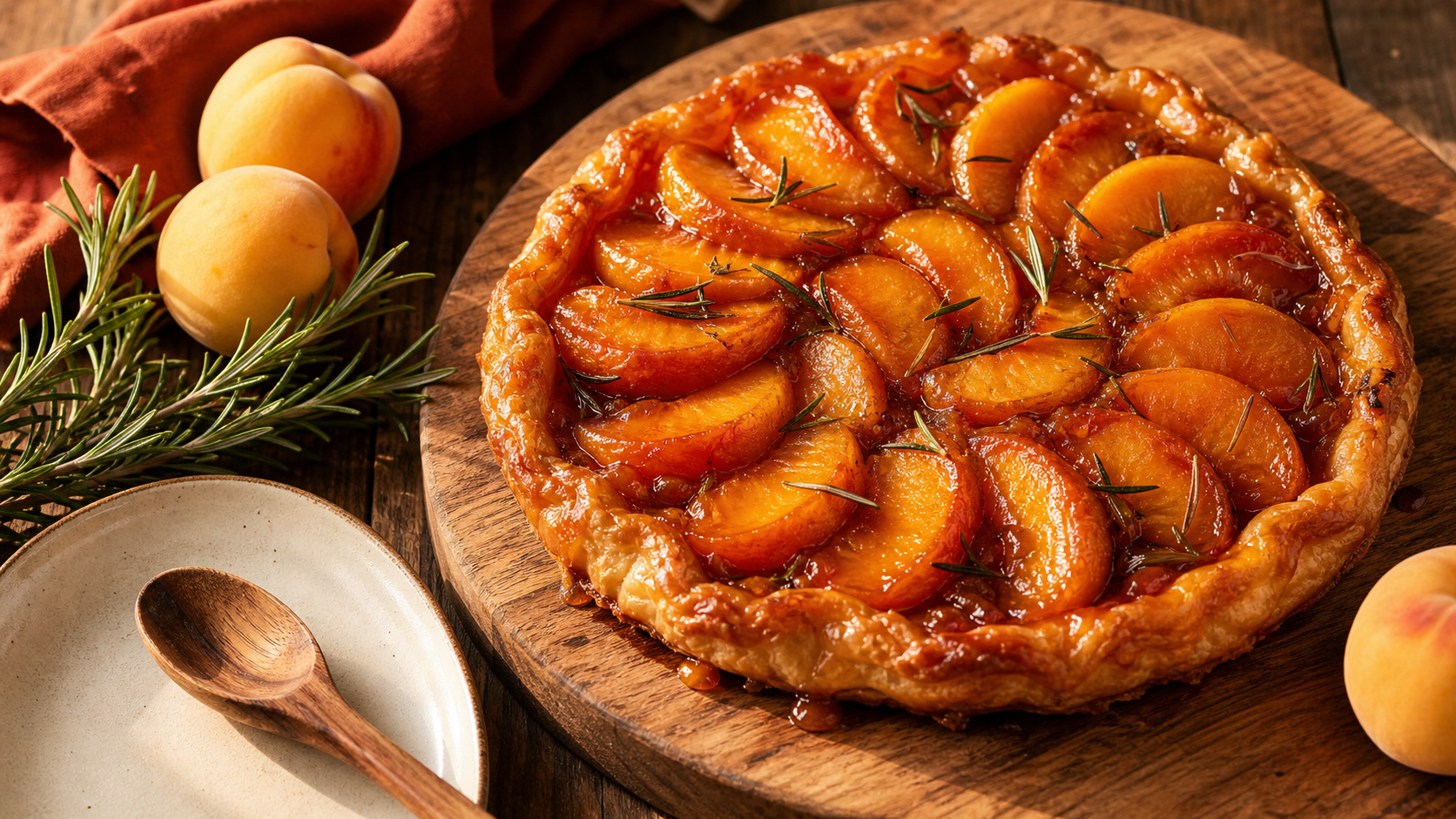 Desserts pêches : tarte tatin aux pêches au romarin, caramel doré