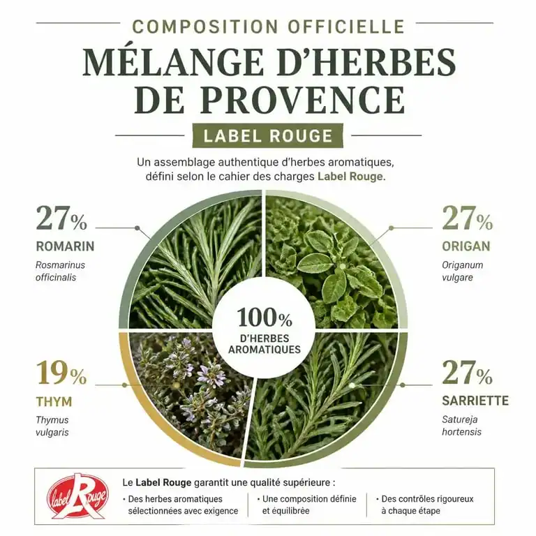 Graphique illustrant la composition officielle des herbes de Provence Label Rouge avec les proportions de romarin, origan, sarriette et thym.