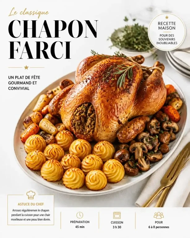 Accompagnement pour chapon farci : plat festif avec légumes rôtis et pommes duchesse