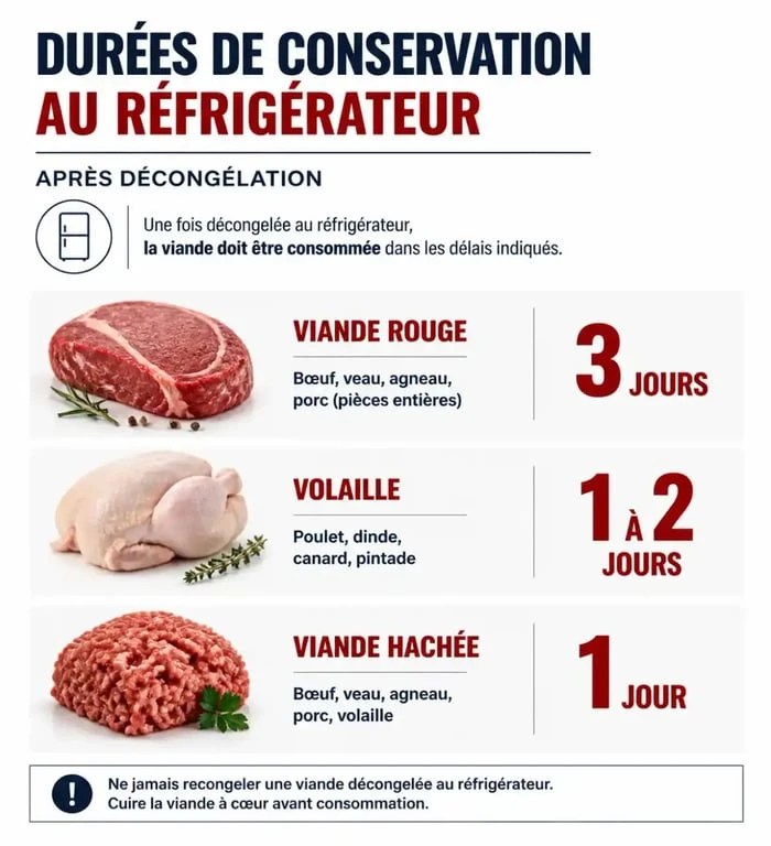 Infographie des durées de conservation de la viande décongelée au réfrigérateur