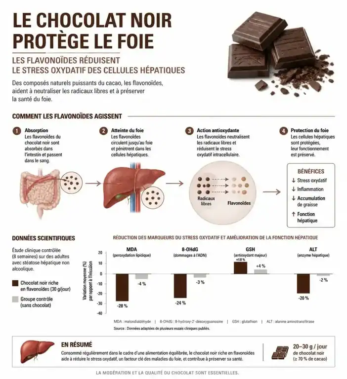 Infographie montrant les bienfaits du chocolat noir sur le foie et le rôle des antioxydants