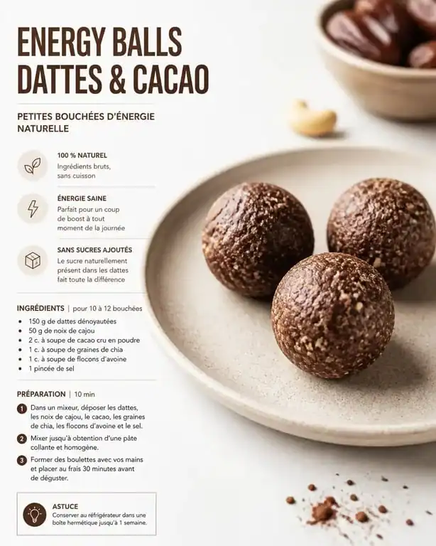 Assiette de energy balls healthy aux dattes et cacao pour un goûter sain et équilibré.