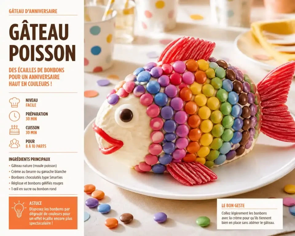Gâteau rigolo d'anniversaire en forme de poisson multicolore décoré de bonbons