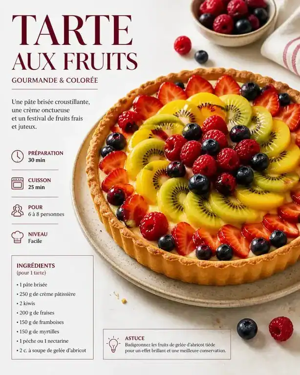Tarte aux fruits gourmande réalisée avec une pâte brisée sucrée maison