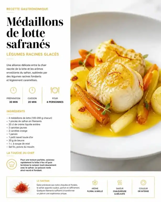 Médaillons de lotte raffinée au safran et légumes, une recette gastronomique élégante.