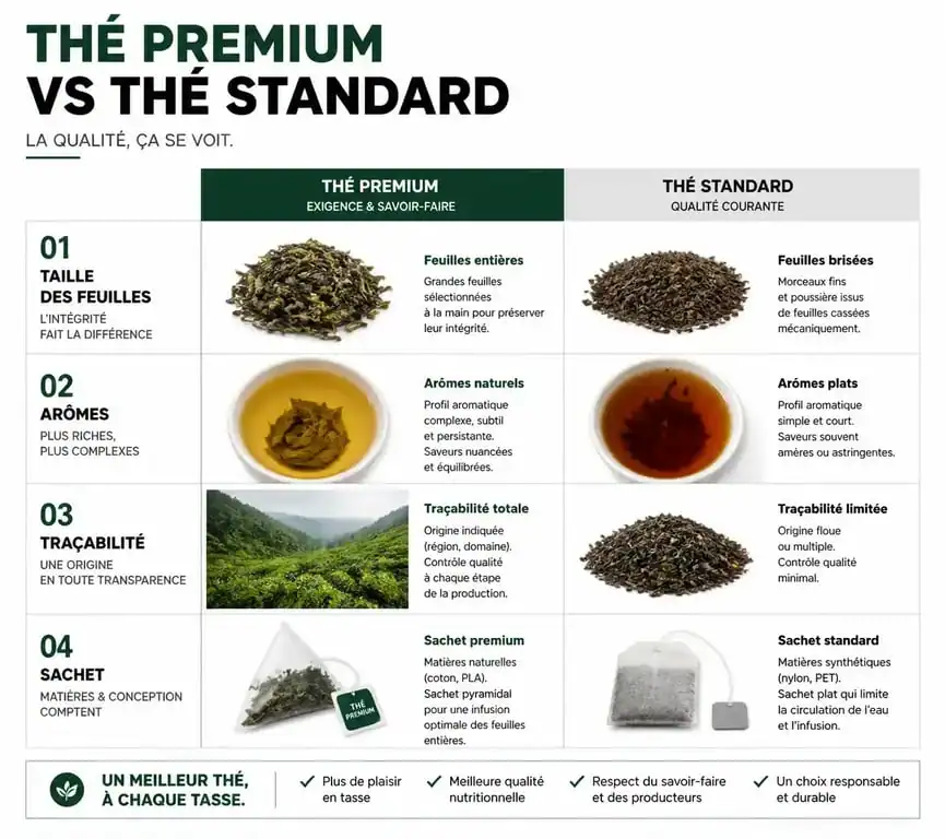 Infographie comparative des critères de qualité pour choisir la meilleure marque de thé