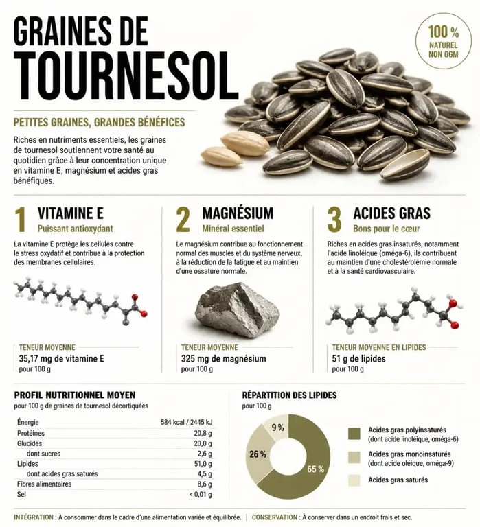 Infographie des bienfaits nutritionnels et apports santé des graines de tournesol