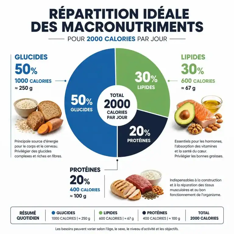 Répartition des macronutriments pour un apport de 2000 calories par jour