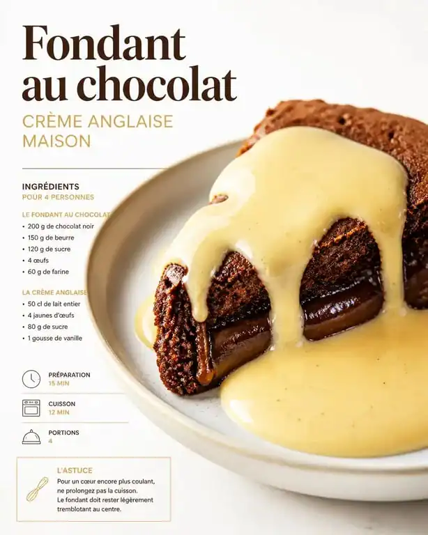 Gâteau fondant au chocolat nappé de crème anglaise pour un dessert gourmand