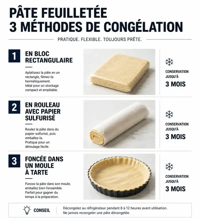 Méthodes pour congeler la pâte feuilletée : en bloc, en rouleau ou foncée dans un moule