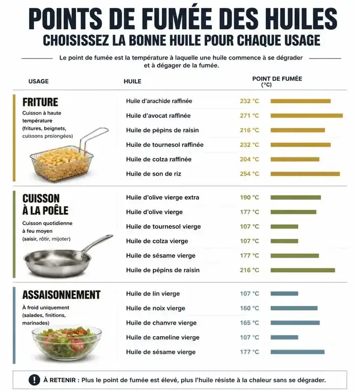 Infographie comparative des points de fumée et usages recommandés pour choisir quelle huile pour la cuisson