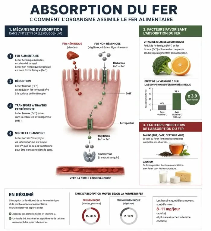 Infographie sur l'absorption du fer alimentaire et les aliments pour manque de fer