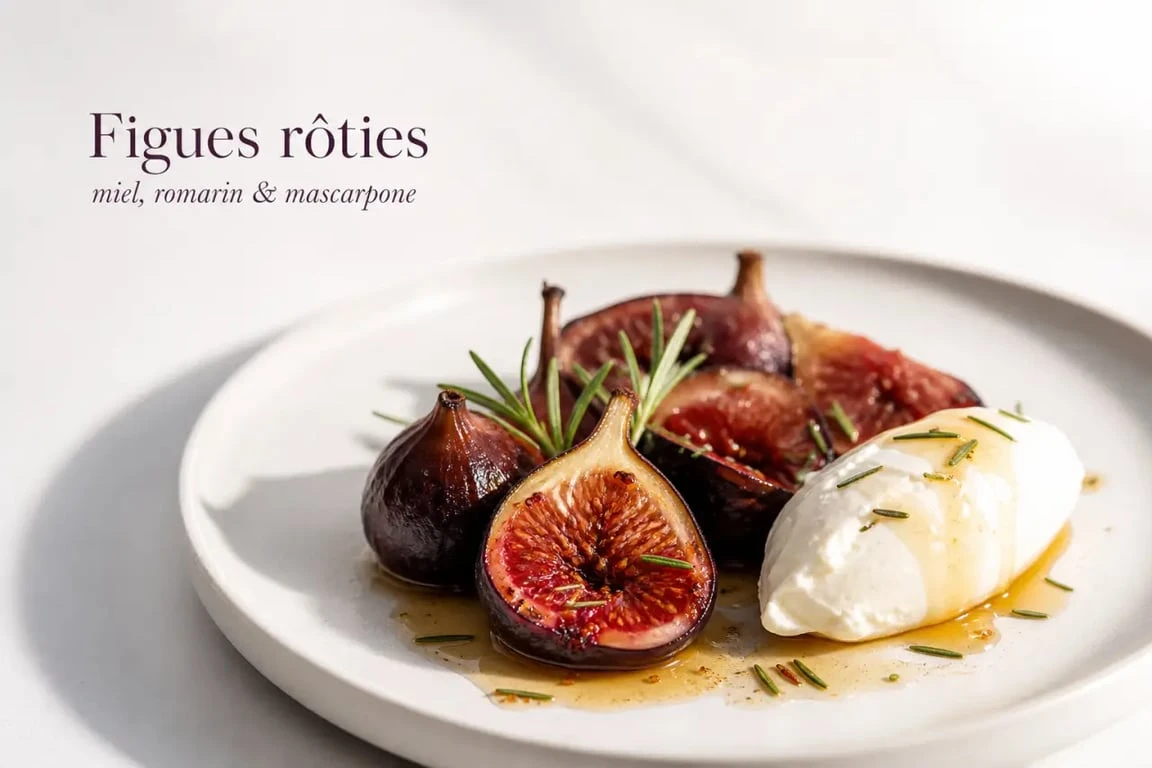 Dessert gourmand aux figues fraîches rôties au miel et romarin sur une assiette en céramique