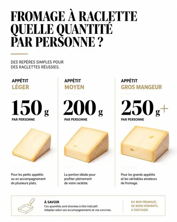Infographie des quantités de fromage à raclette par personne selon l'appétit