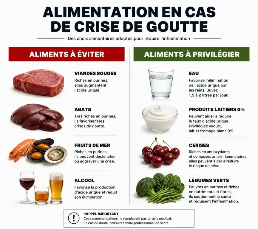 Infographie sur l'alimentation pour crise de goutte : aliments à éviter et à privilégier pour limiter l'acide urique