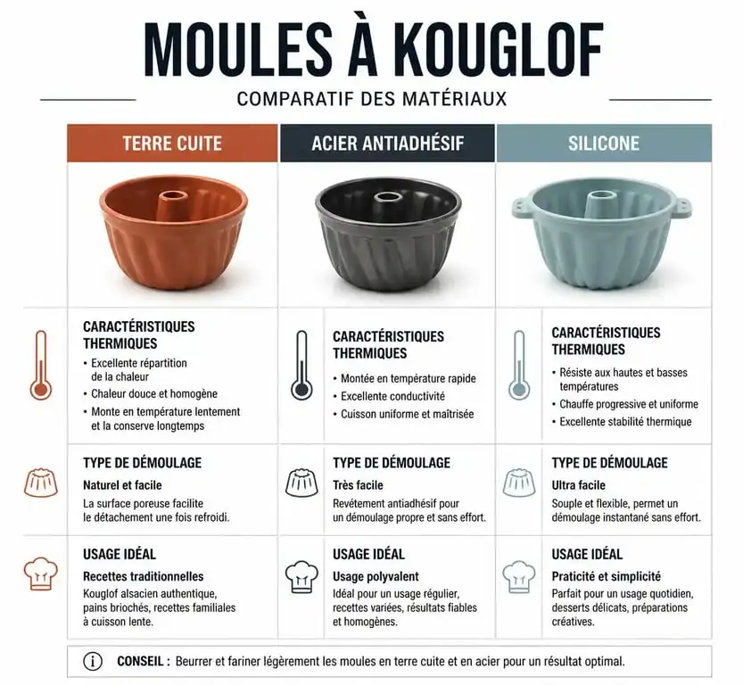 Comparatif des matériaux de moules à kouglof : terre cuite, acier et silicone pour réussir sa pâtisserie alsacienne