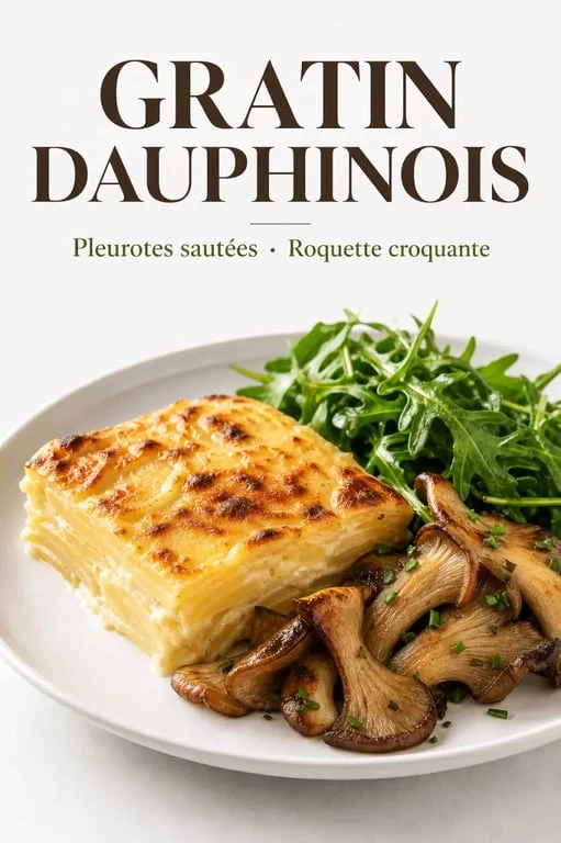 Assiette végétarienne composée d'un gratin dauphinois et de pleurotes, idée de repas sans viande