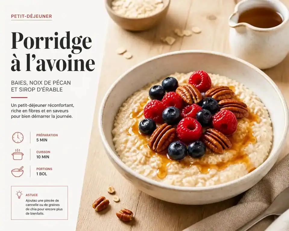 Bol de porridge maison aux fruits et noix, recette de porridge onctueux et sain pour le petit-déjeuner.