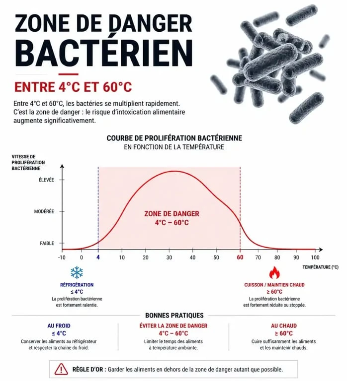 Infographie sur la zone de danger bactérien et la durée de conservation des produits décongelés au réfrigérateur