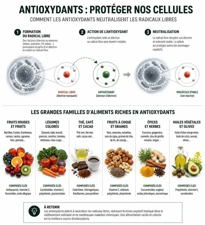 Infographie sur les aliments riches en antioxydants et leur rôle protecteur contre le stress oxydatif.