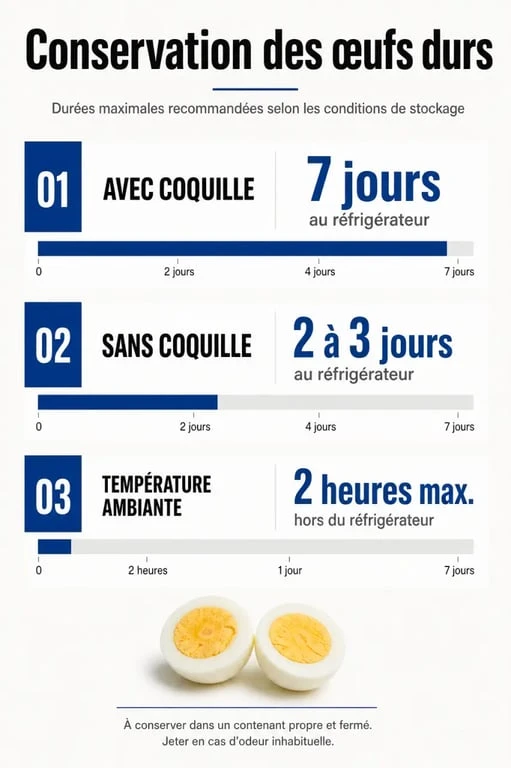 Infographie sur la durée de conservation des œufs durs au réfrigérateur selon leur état
