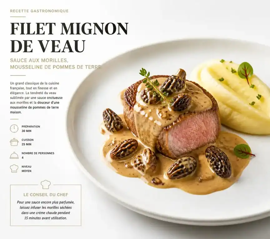 Recette filet mignon de veau gastronomique aux morilles et sauce Porto dressé sur assiette