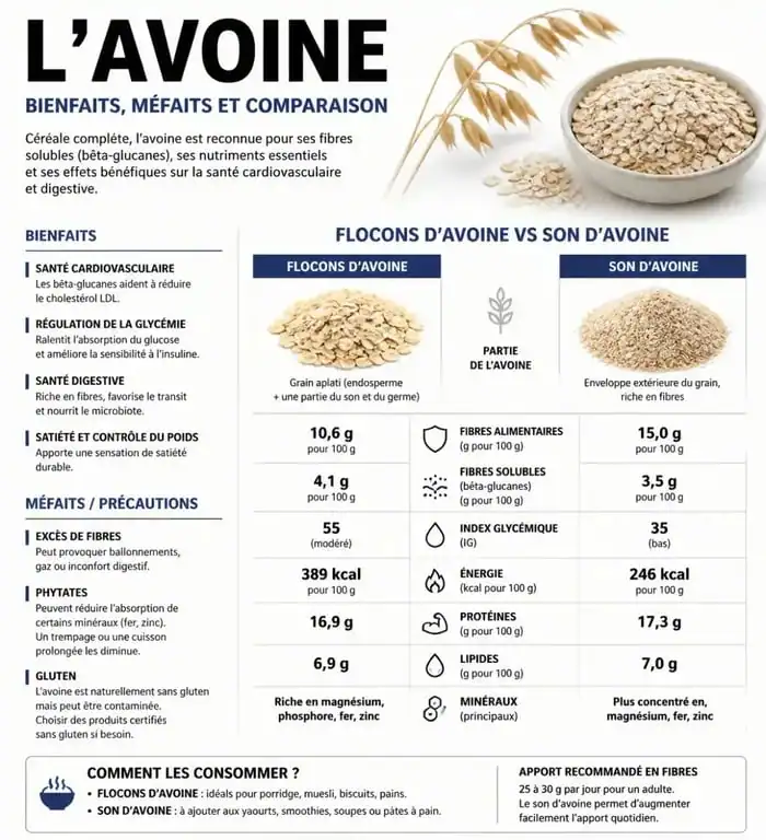 Infographie comparative des bienfaits et méfaits de l'avoine : flocons vs son d'avoine