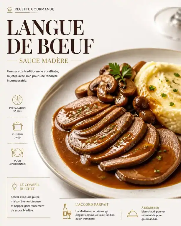 Assiette de langue de bœuf en sauce Madère avec purée et champignons, un accompagnement pour langue de bœuf idéal.