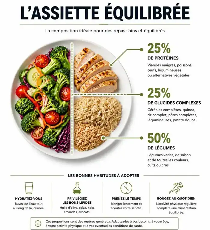 Infographie de l'assiette idéale pour un plan alimentaire nutritionniste équilibré