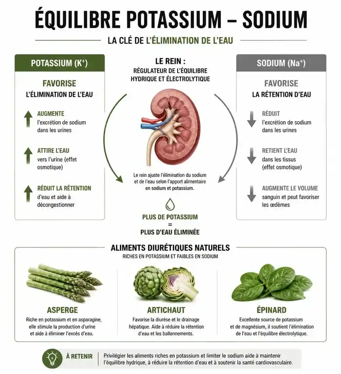 Infographie sur les aliments diurétiques et le rôle du potassium dans la rétention d'eau
