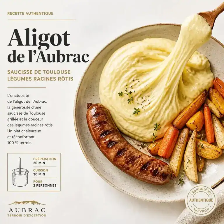 Assiette d'aligot accompagnement traditionnel avec saucisse et légumes rôtis