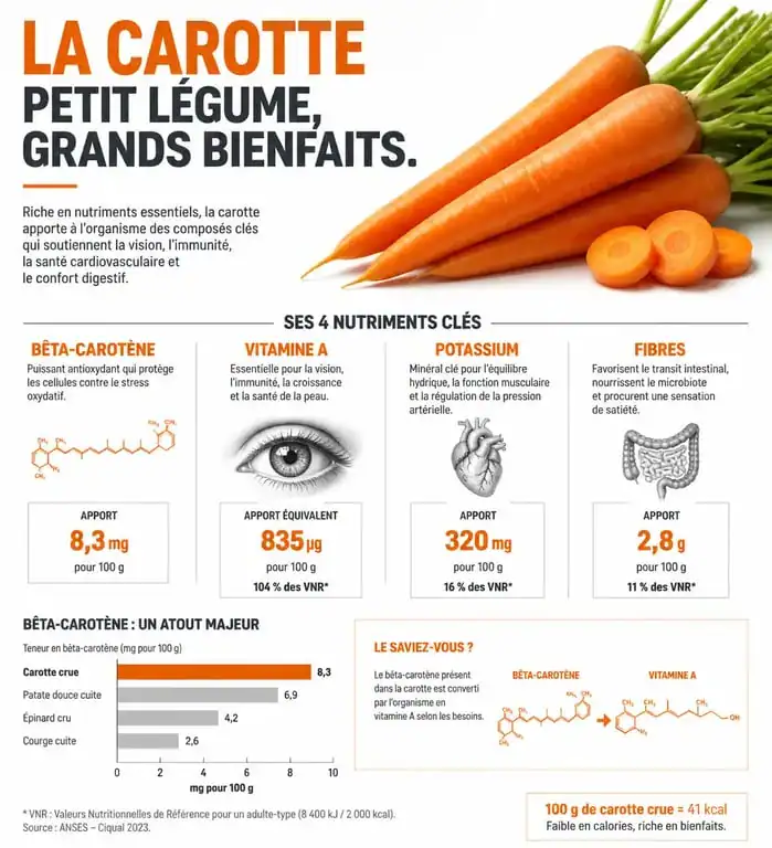 Infographie sur les bienfaits nutritionnels et les apports en vitamines de la carotte pour la santé