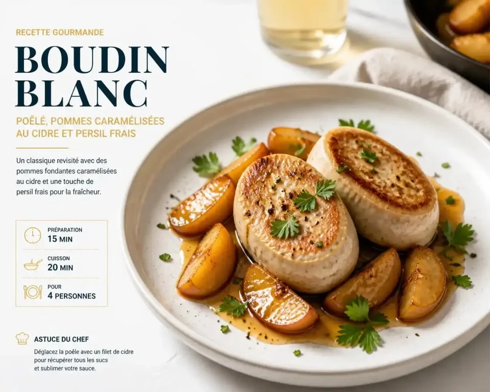 Boudin blanc aux pommes caramélisées, un accompagnement idéal pour un repas de fête.