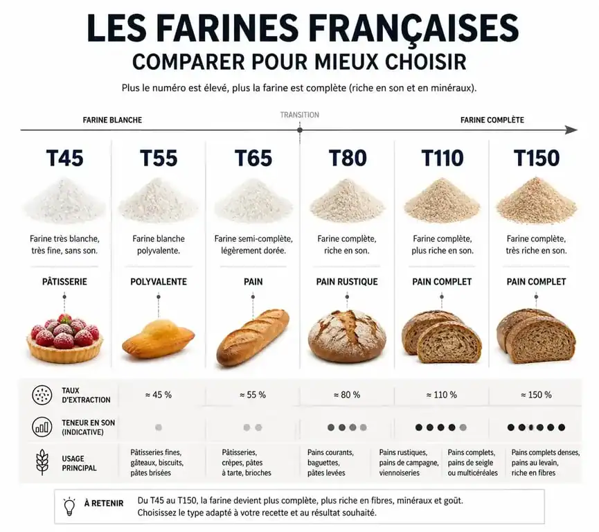 Infographie comparative des types de farine T45 à T150 et leurs utilisations culinaires pour choisir la farine T65 adaptée.