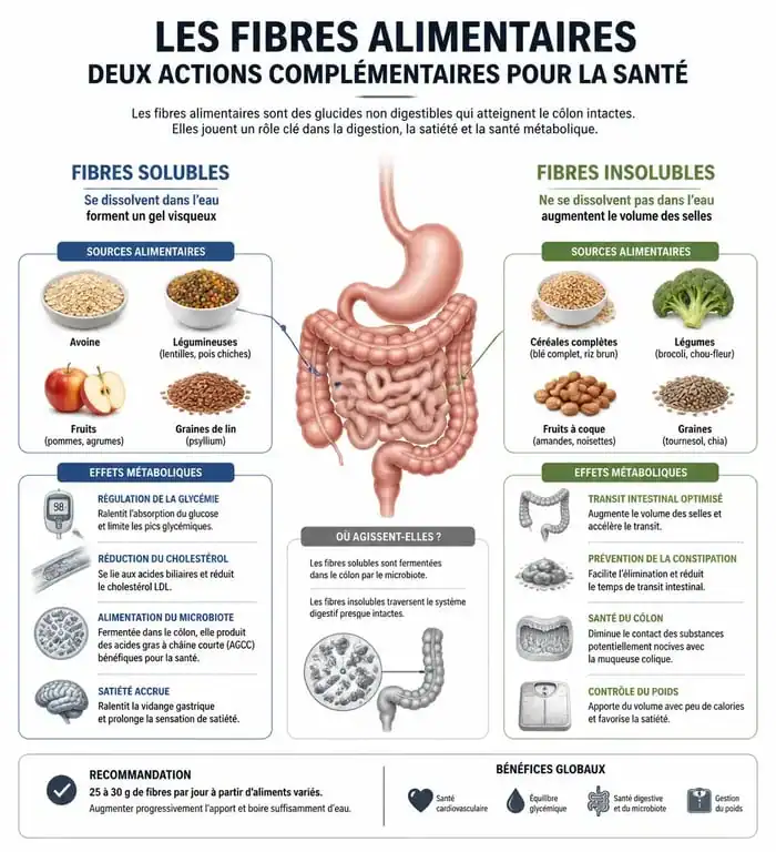 Infographie sur les bienfaits des aliments contenant des fibres solubles et insolubles pour la santé digestive.