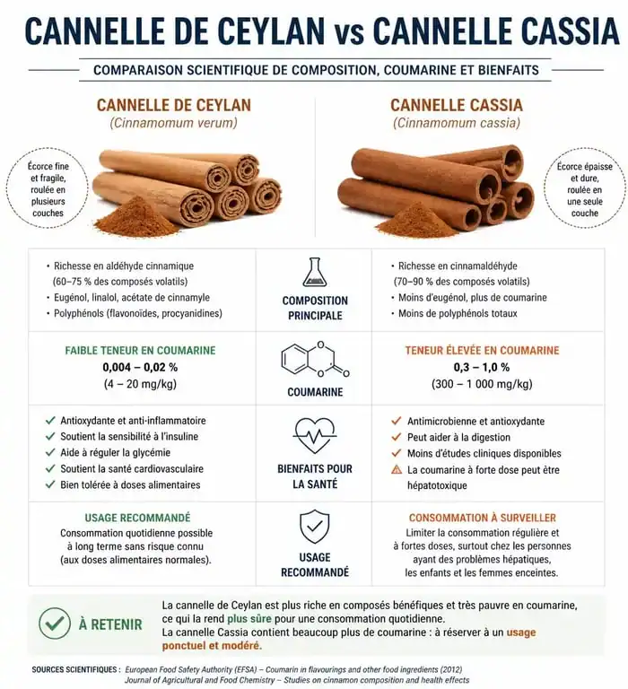 Infographie comparative des bienfaits et risques de la cannelle de Ceylan et de la cannelle Cassia