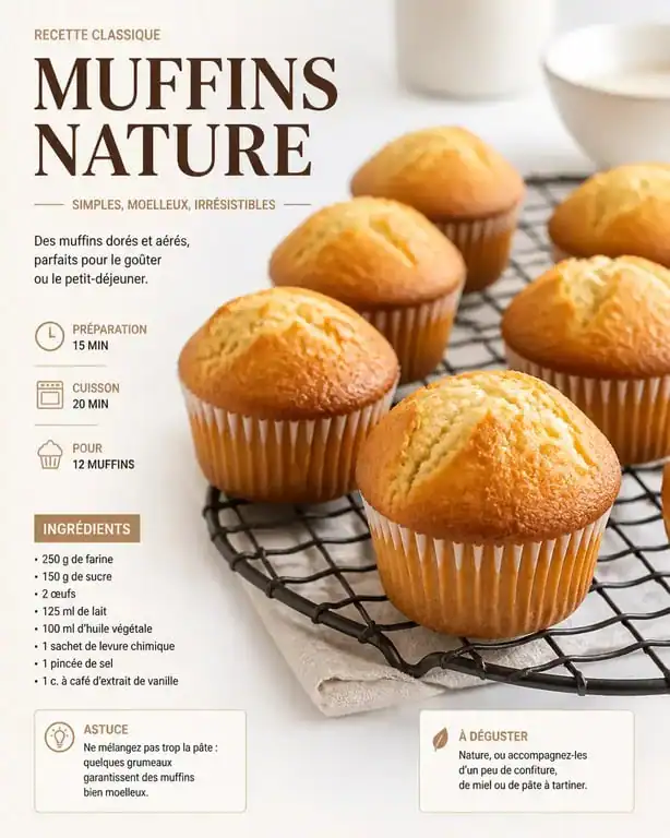 Recette pour muffins nature moelleux et dorés sur une grille
