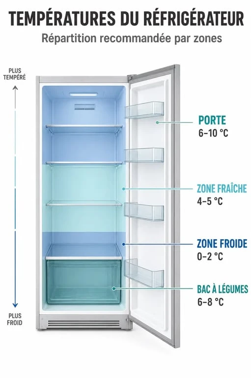 Schéma des zones de température idéale dans un réfrigérateur pour une conservation optimale des aliments