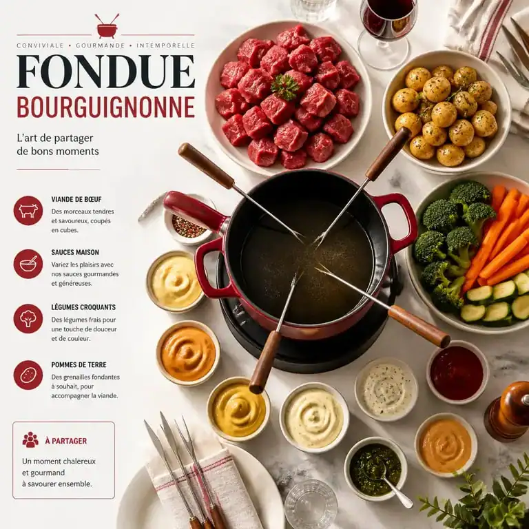 Table dressée pour une fondue bourguignonne avec ses accompagnements variés et sauces maison