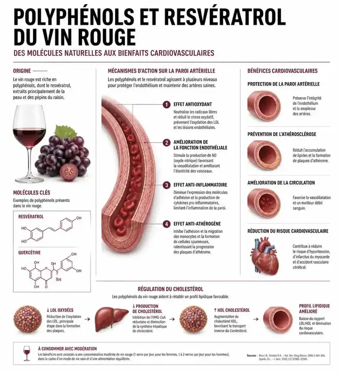 Infographie sur les bienfaits du vin rouge et l'action des polyphénols sur la santé cardiovasculaire