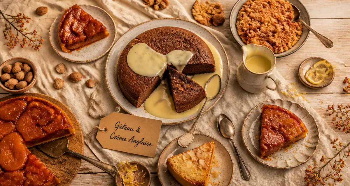 Gâteau pour accompagner une crème anglaise, table gourmande, desserts variés